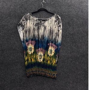 Gracie Bohemian Tie Dye Smocked Tunic Top Blue Yellow Floral Dolman Sleeve